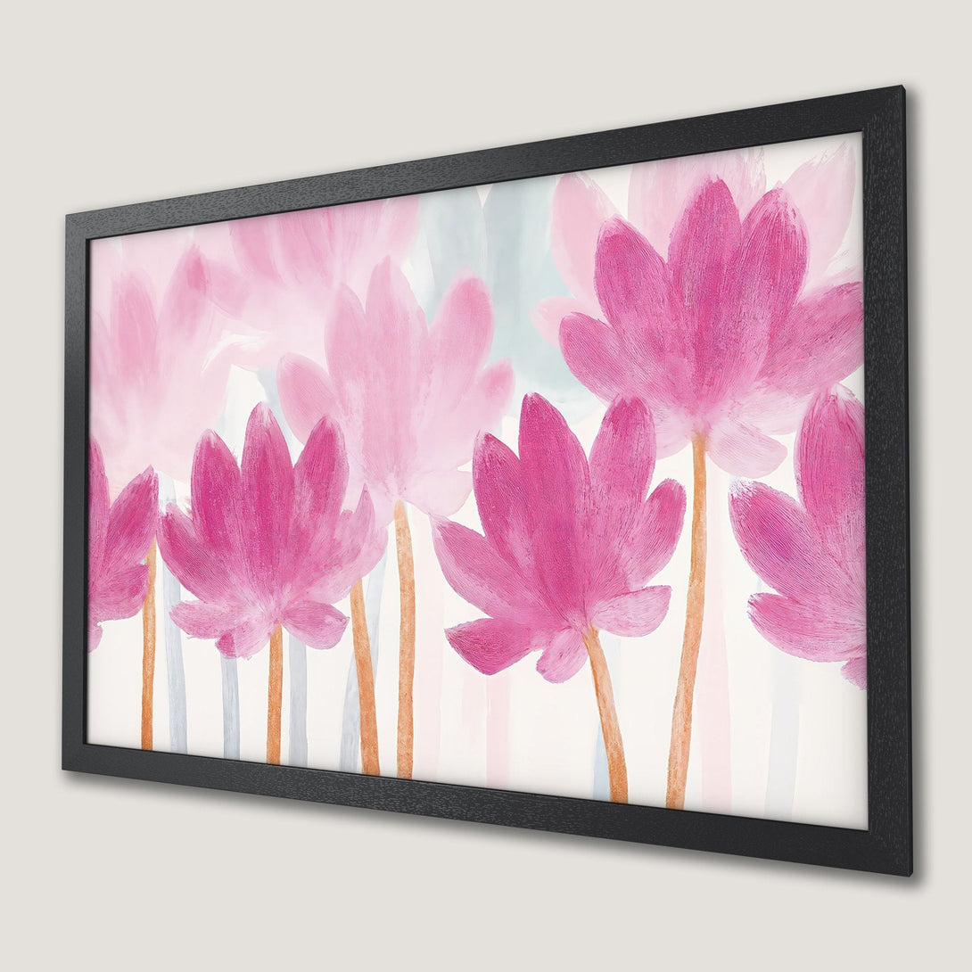 Framed Poster featuring vibrant pink flower art in a watercolor style. Adds a pop of color to any space!
