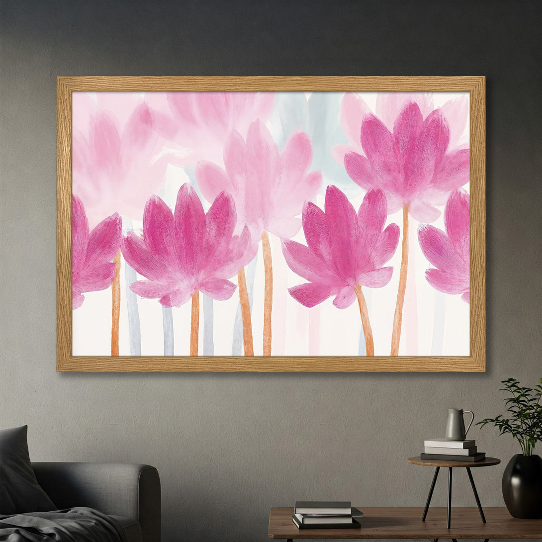 Framed Poster featuring watercolor pink flowers, artistic style, with a light pink and blue color palette.