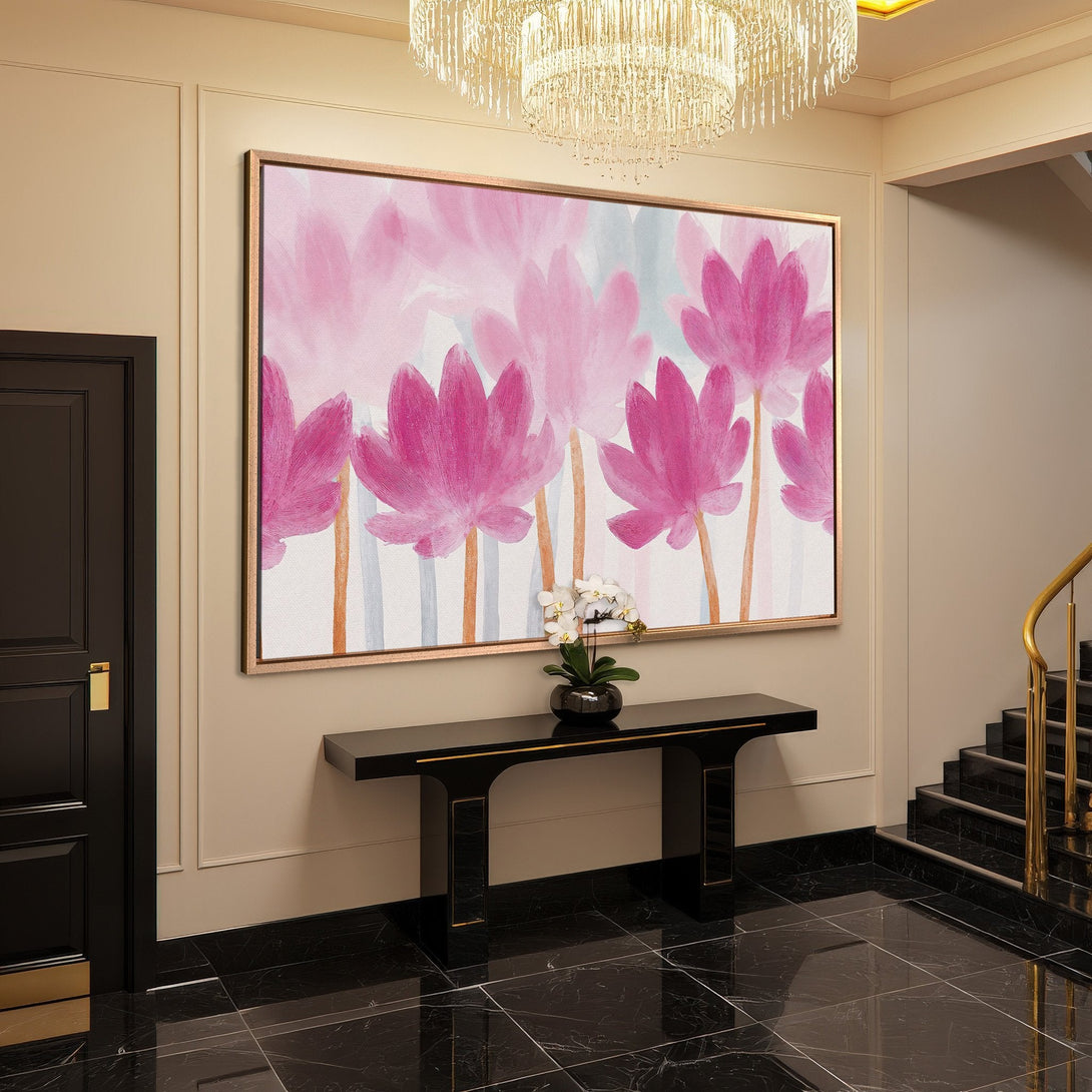 Framed Wall Art featuring abstract pink floral painting. Modern style with a soft color palette. Perfect for adding elegance to any space.