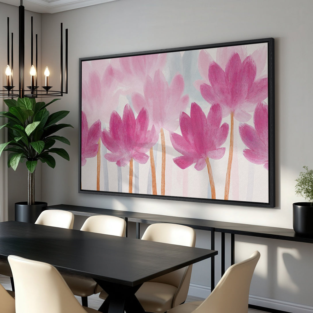 Framed Wall Art featuring abstract pink floral art. Modern style with a soft, feminine color palette. Add a touch of elegance to your home!
