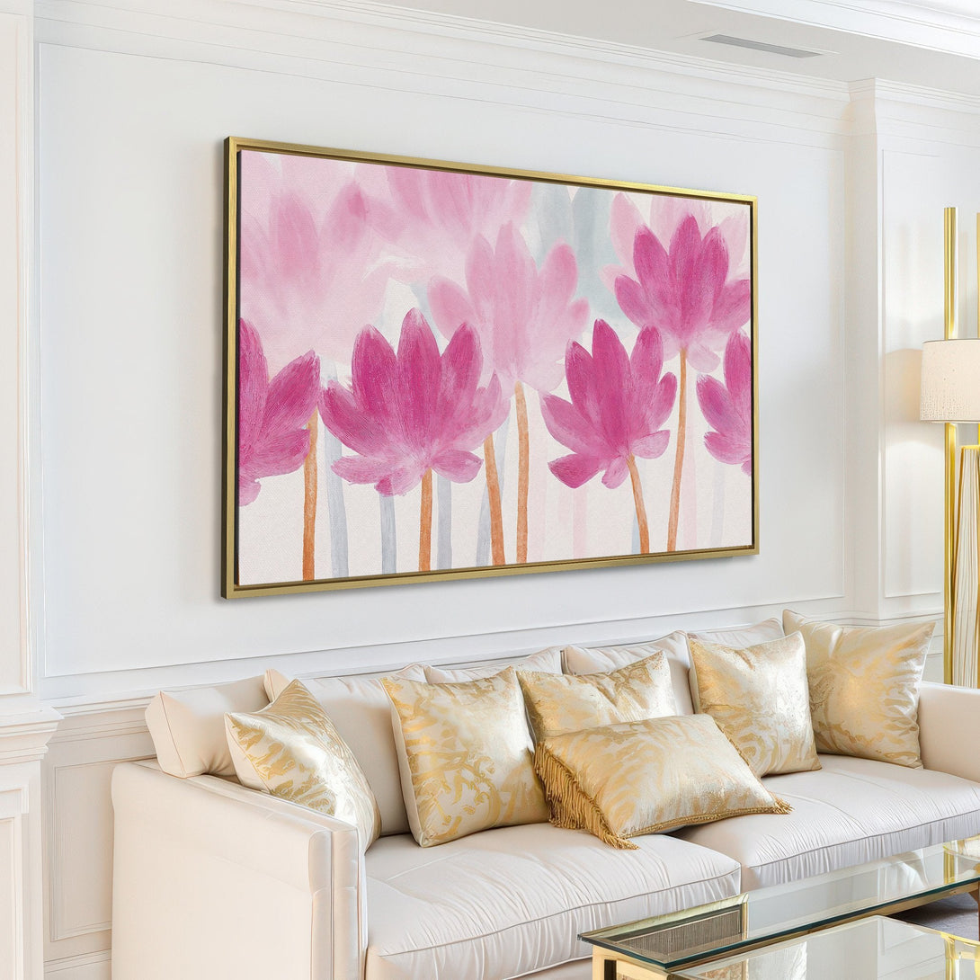 Canvas Print of pink floral art in a modern living room. Watercolor style with a soft pink and white color palette.