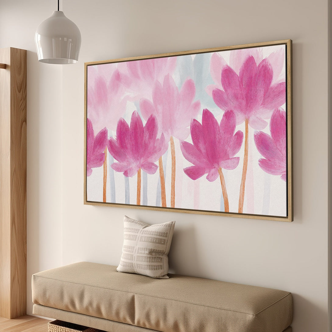 Framed Wall Art featuring abstract pink floral art. Modern Canvas Print with a vibrant pink and pastel color palette. Perfect for home decor.
