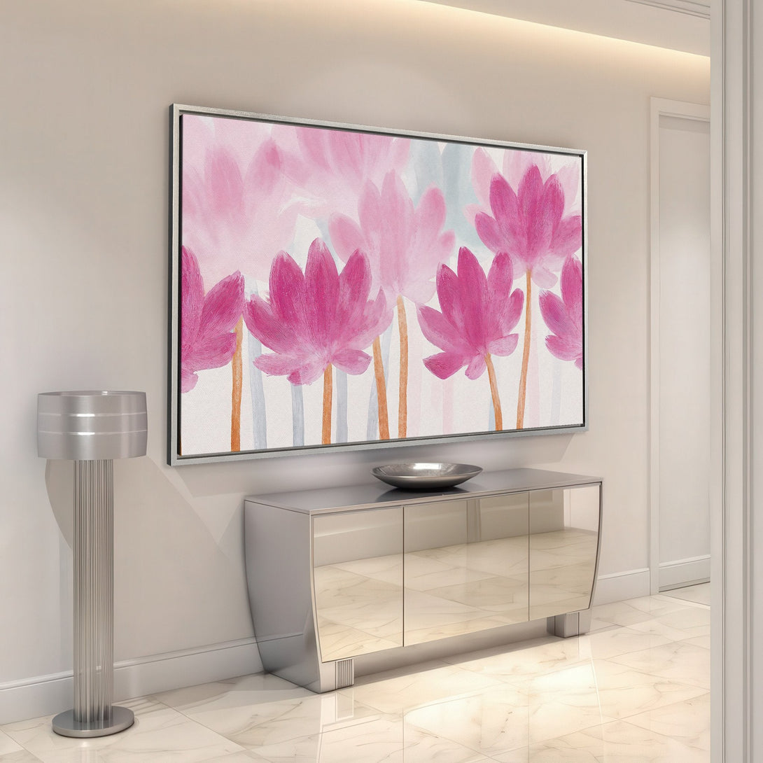 Framed Wall Art featuring pink floral watercolor art. Modern style, adds a pop of color to any interior. Perfect for living rooms & bedrooms.