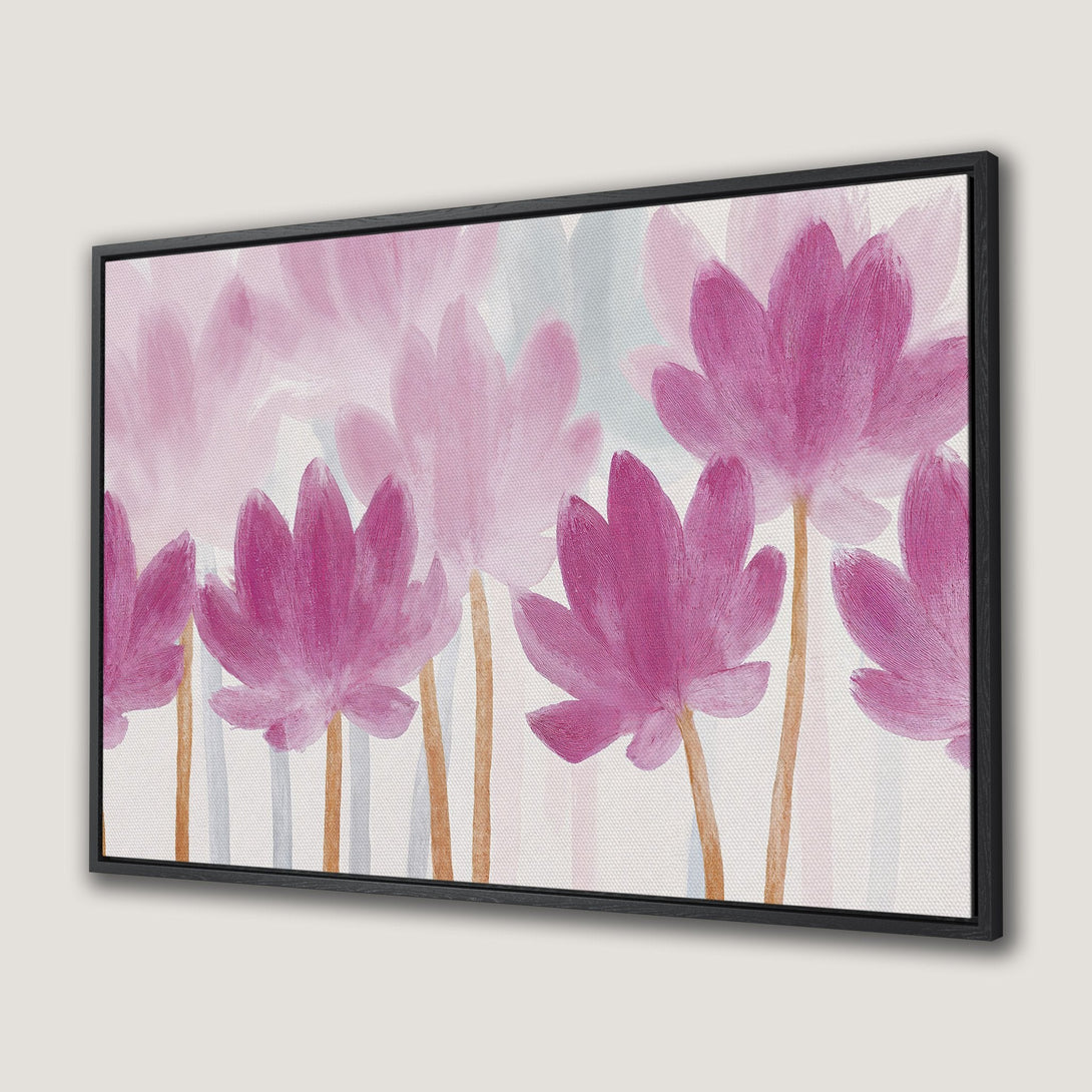 Framed Wall Art featuring abstract pink flowers. Modern floral canvas print with a soft, pastel color palette. Perfect for adding a touch of elegance.