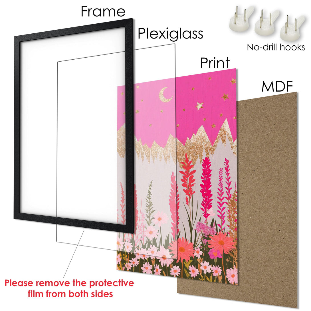 Framed Poster featuring a whimsical floral design with pinks, gold, and a touch of magic. Perfect wall art!
