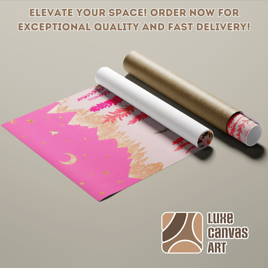 Poster Roll with pink floral design, gold accents, and a soft color palette. Elevate your space with this stunning art.