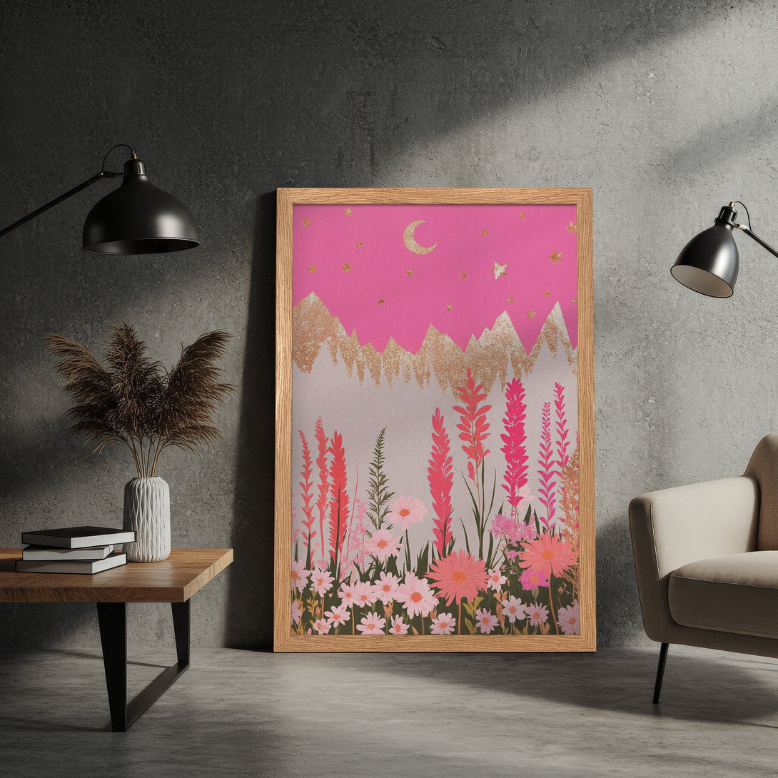 Framed Poster featuring a floral landscape with pink and gold accents. Whimsical style, perfect for adding a touch of art to your home.