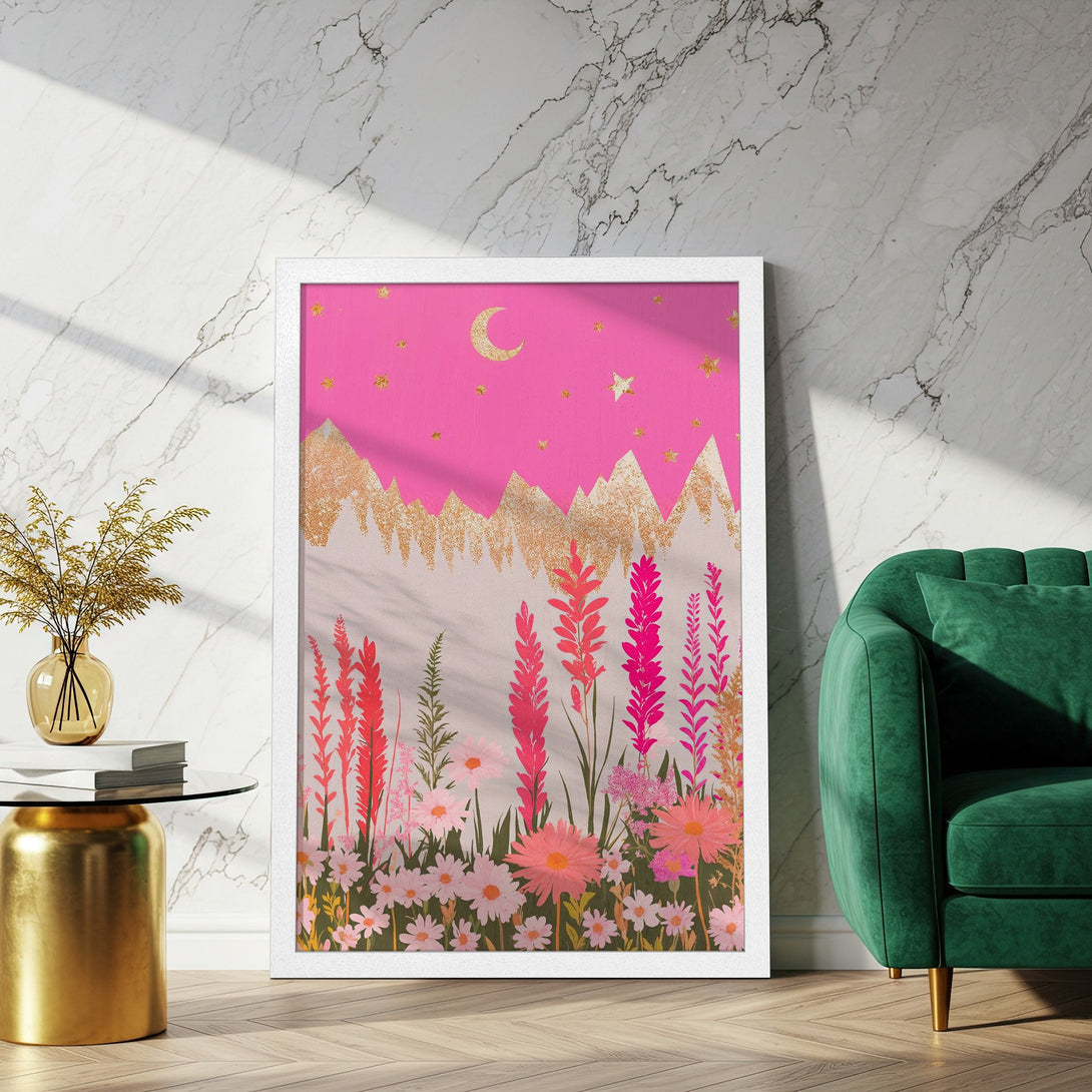 Framed Poster featuring a whimsical floral landscape with pink, gold, and red hues. Perfect art for adding a touch of magic to your space!