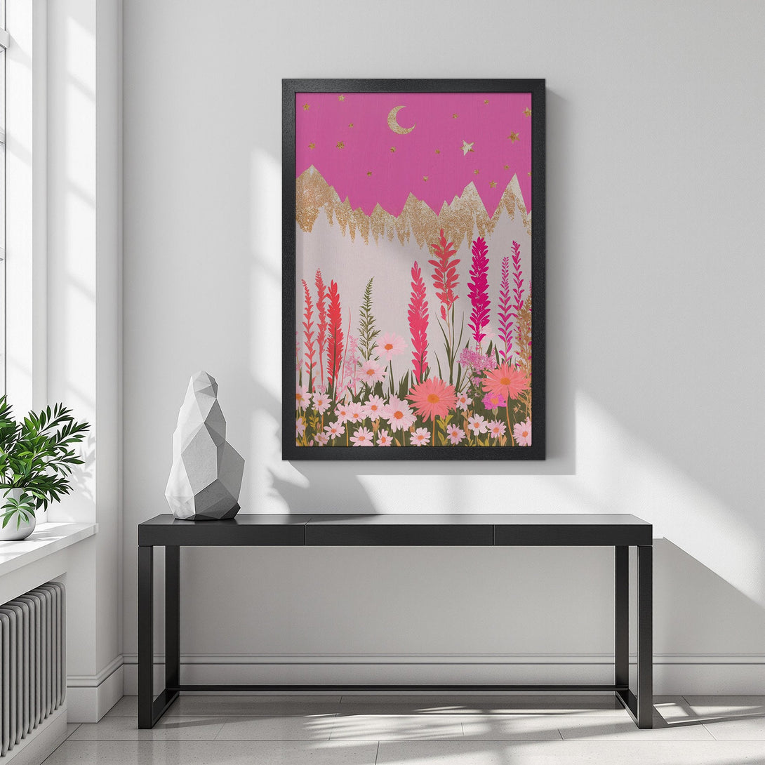 Framed Poster featuring a whimsical floral landscape in pink, gold, and green. Perfect wall art to brighten any space!