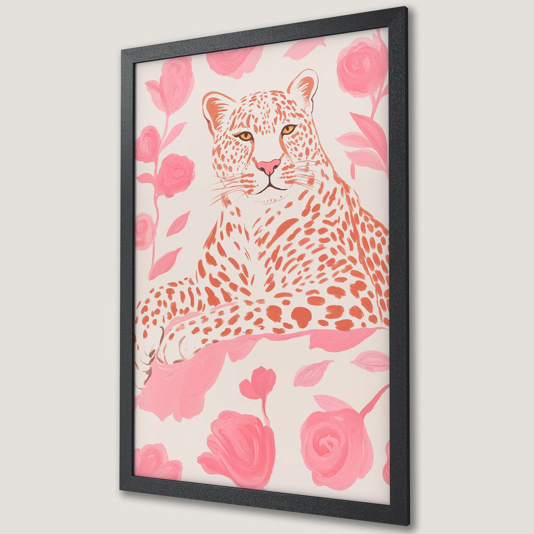 Framed Poster featuring a leopard in a floral style, with a pink and orange color palette, perfect wall art for your home.