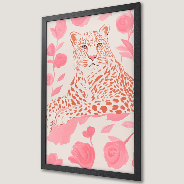 Framed Poster featuring a leopard in a floral style, with a pink and orange color palette, perfect wall art for your home.