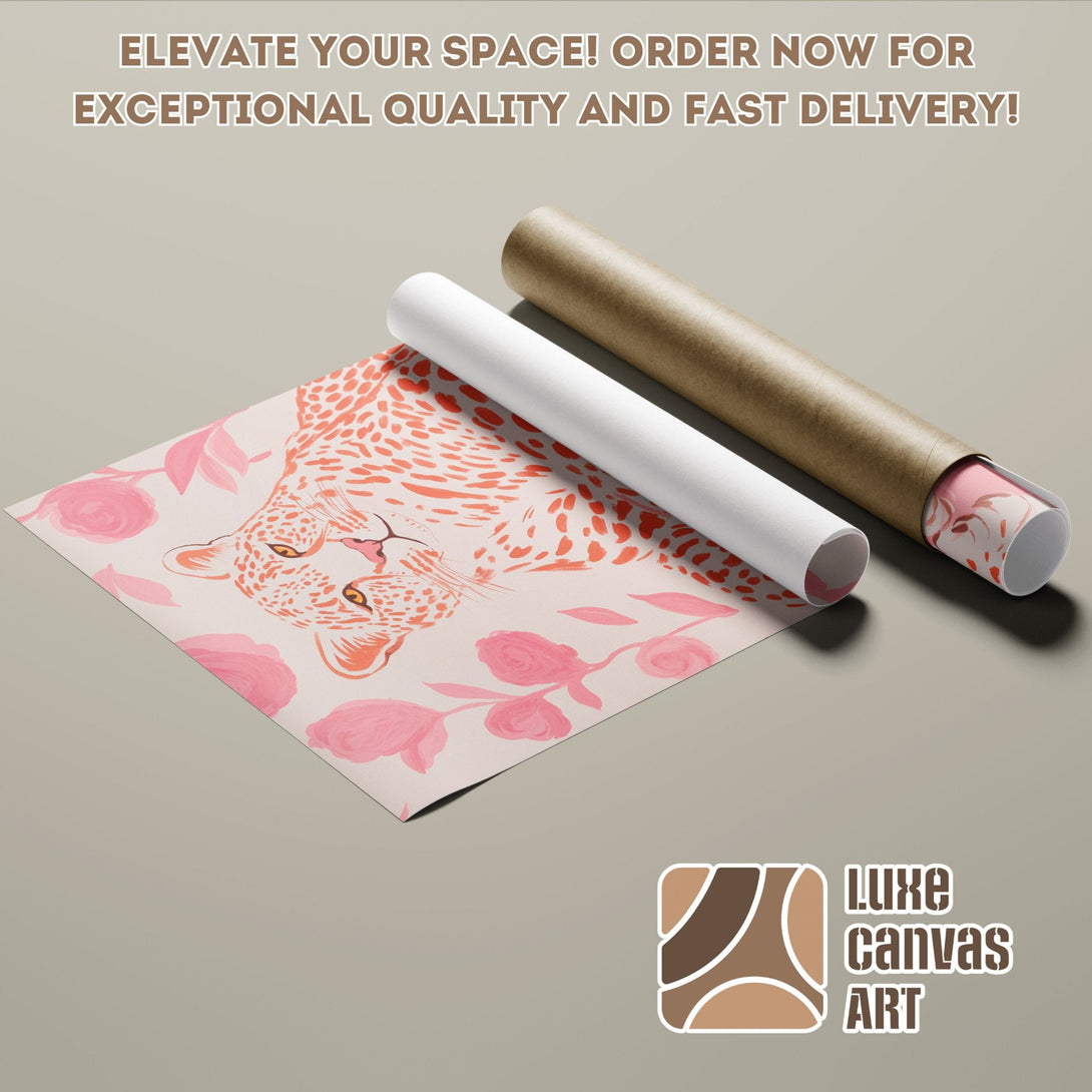 Poster Roll featuring a leopard and floral design in a soft pink and orange palette. Enhance your space with this stylish art piece!