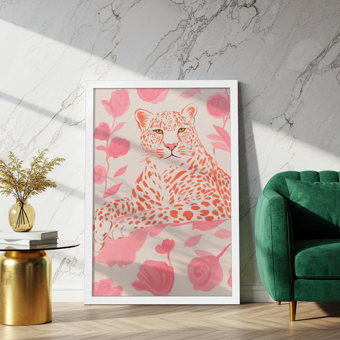 Framed Poster featuring a leopard illustration in a floral style, with a pink and orange color palette. Perfect wall art!
