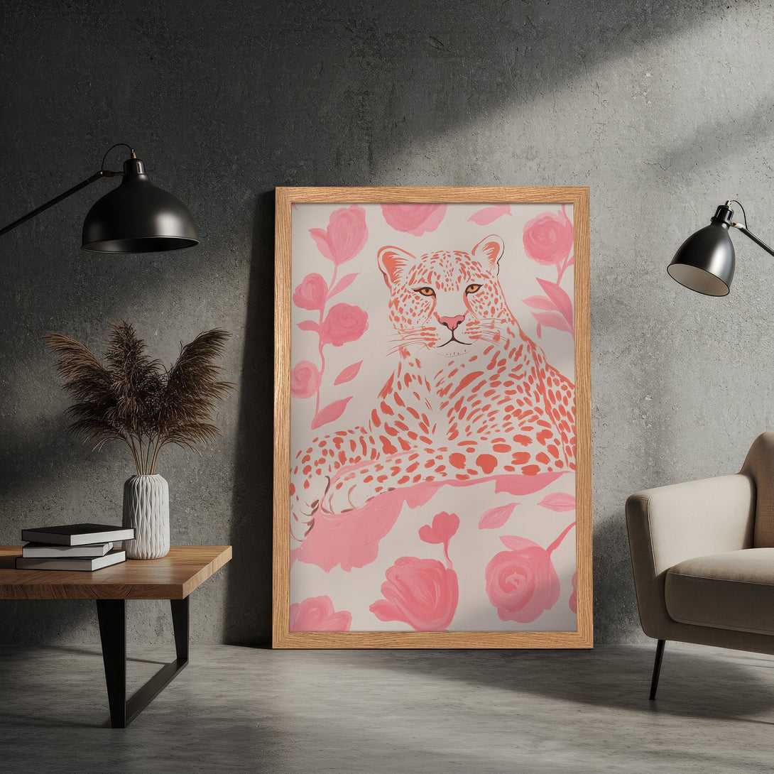 Framed Poster featuring a leopard and floral design in a pink and coral color palette. Modern art for your home!