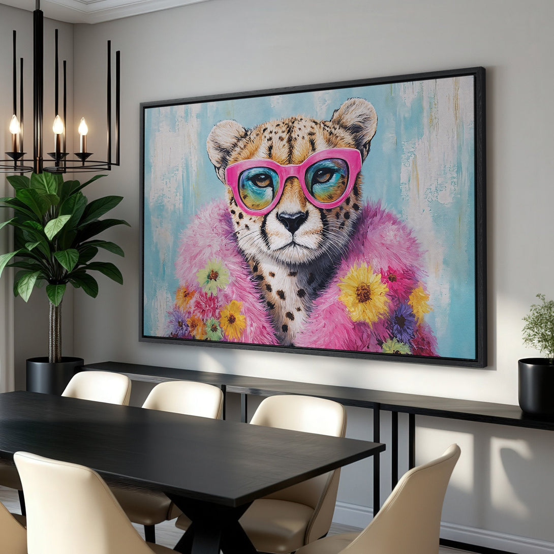 Framed Wall Art: Funky cheetah in pink glasses and fur coat. Colorful pop art style on a light blue background. Adds a playful touch to any room.
