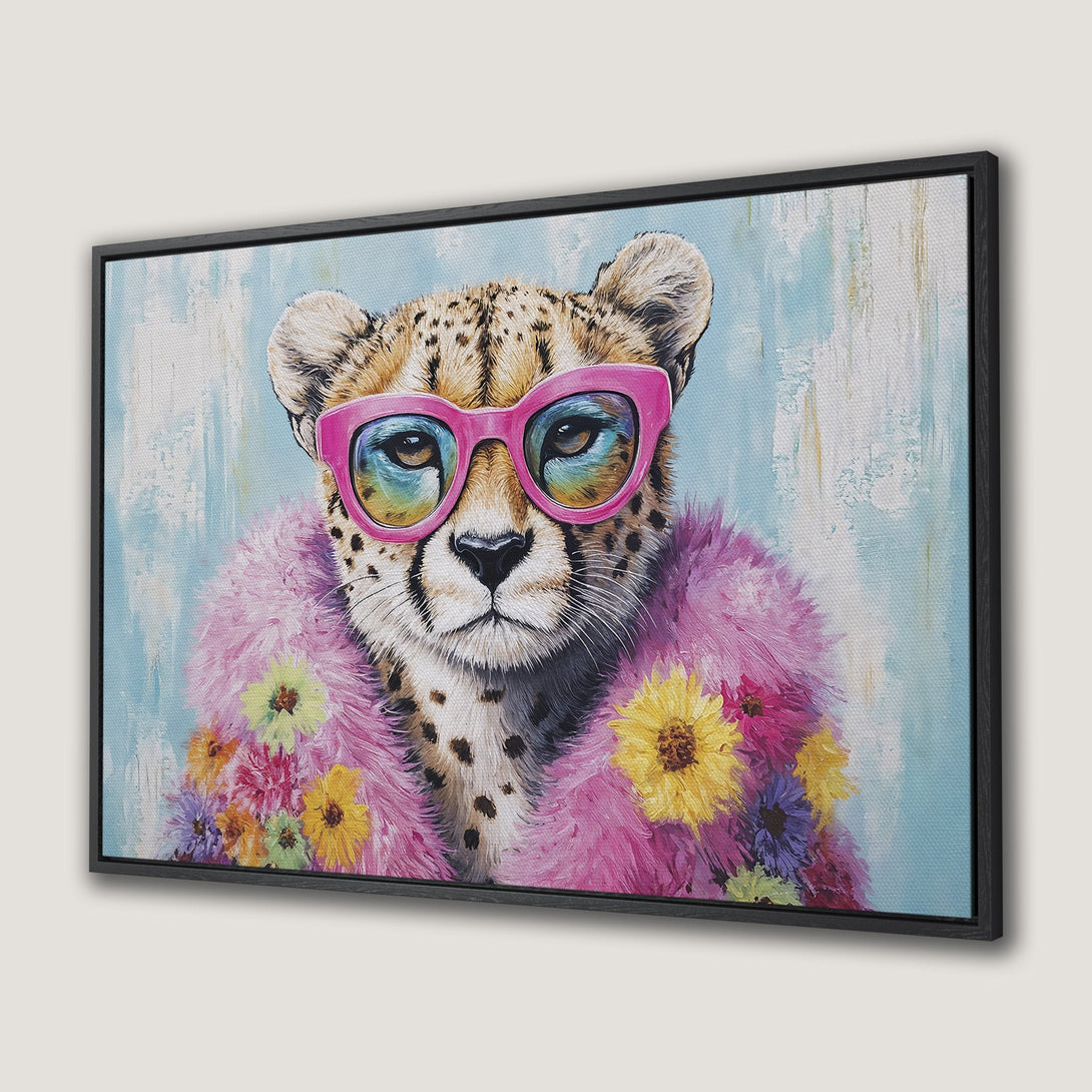 Framed Wall Art: Stylish cheetah portrait with pink sunglasses and floral accents. Pop art style with a vibrant pink, yellow, and blue color palette. Add a touch of fun!