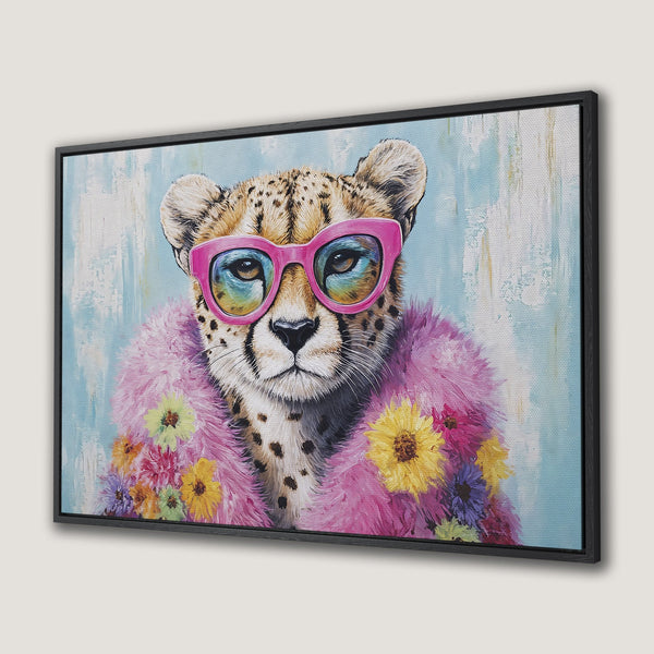 Framed Wall Art: Stylish cheetah portrait with pink sunglasses and floral accents. Pop art style with a vibrant pink, yellow, and blue color palette. Add a touch of fun!