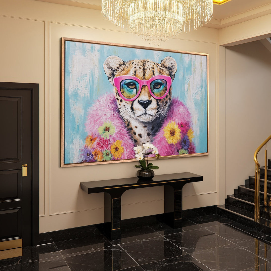 Framed Wall Art: Pop art cheetah in pink glasses & fur, vibrant colors on a canvas print. Perfect for adding a touch of fun to your home decor!
