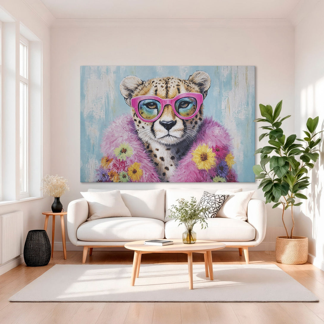 Framed Wall Art: Glamorous cheetah portrait in pink glasses & floral fur. Vibrant, colorful canvas print perfect for a chic interior.