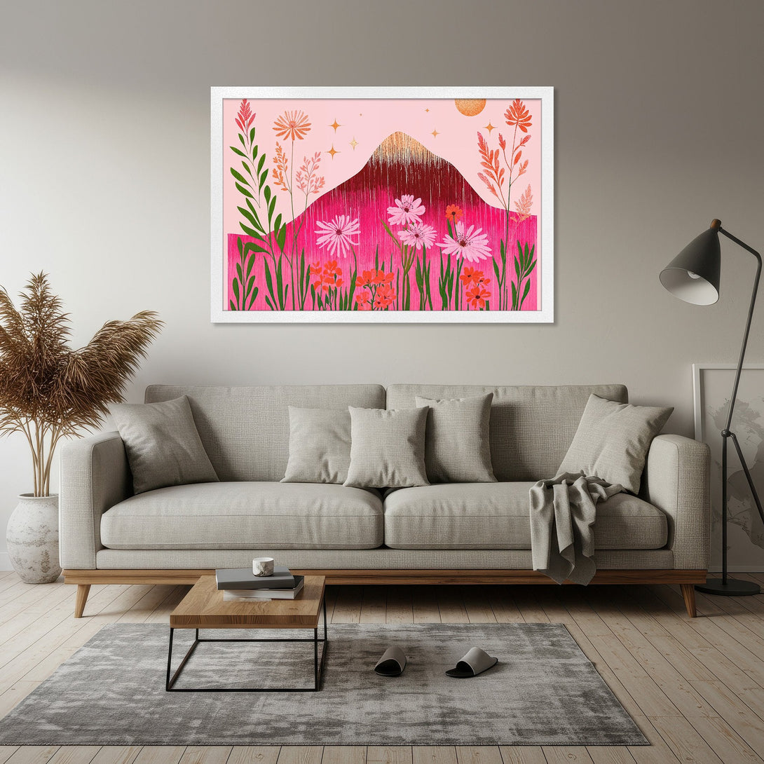 Framed Poster featuring a vibrant floral and mountain illustration in a modern, colorful style with pink and gold tones. Perfect wall art!