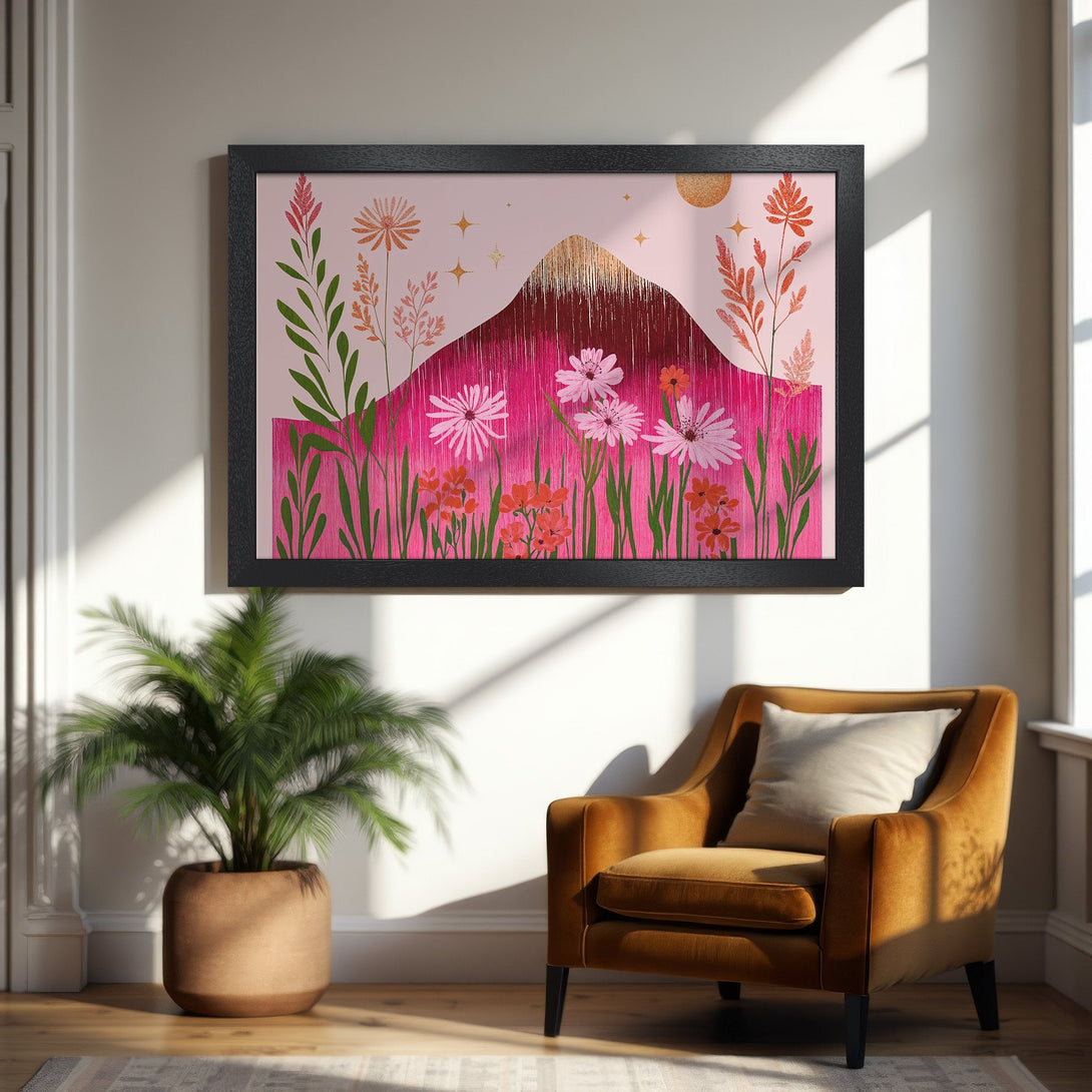 Framed Poster featuring a vibrant floral mountain scene in a modern, colorful style. Pink, orange, and gold palette. Perfect wall art!