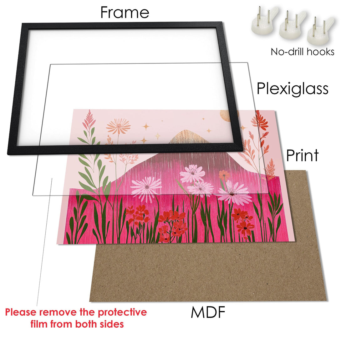 Framed Poster featuring floral art in a vibrant pink and green palette. Perfect wall decor!