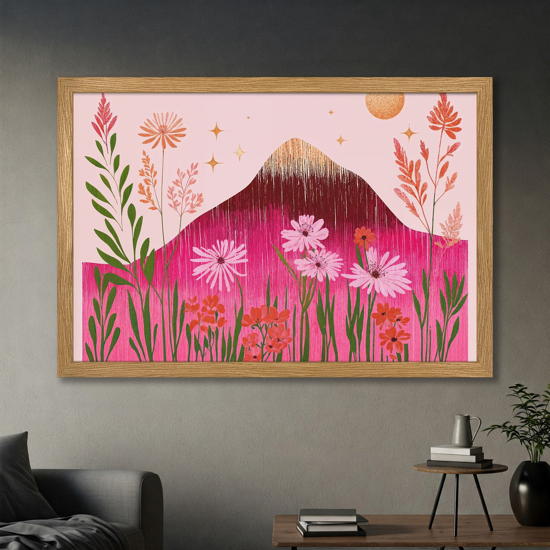 Framed Poster featuring a floral mountain scene in a vibrant pink and orange color palette, perfect for home decor.