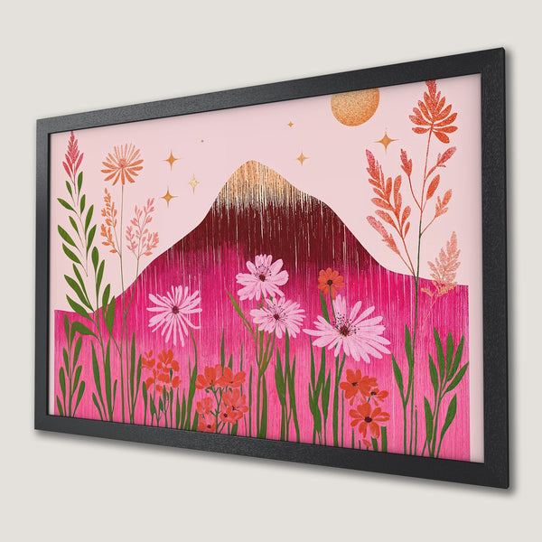 Framed Poster featuring a floral mountain landscape in a vibrant pink and orange color palette. Perfect wall art!