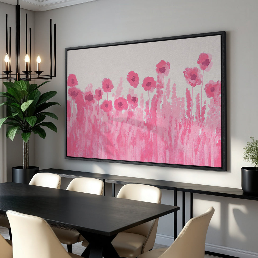 Framed Wall Art featuring pink floral abstract art. Modern Canvas Print with a pink and white color palette, perfect for adding a pop of color to any space.