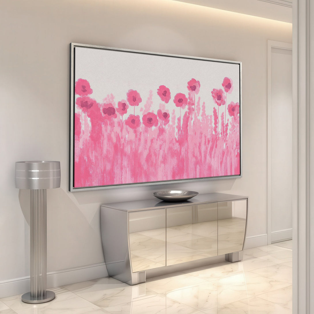 Framed Wall Art featuring pink floral abstract art. Modern decor in a bright interior. Enhance your space with this beautiful canvas print.
