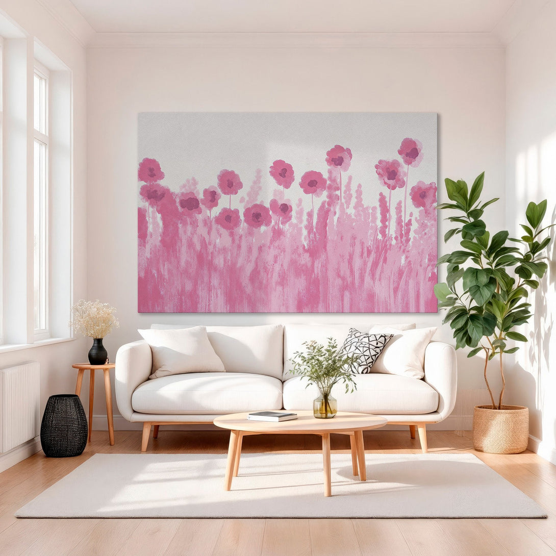 Framed Wall Art: Pink floral abstract Canvas Print in a gold frame. Modern art with a pink and white color palette, perfect for home decor.