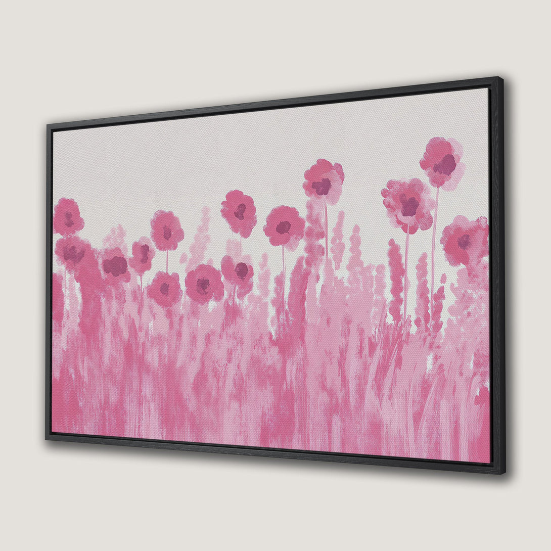 Framed Wall Art featuring a vibrant pink floral abstract painting. Modern style with a soft, romantic color palette. Perfect for adding a pop of color!