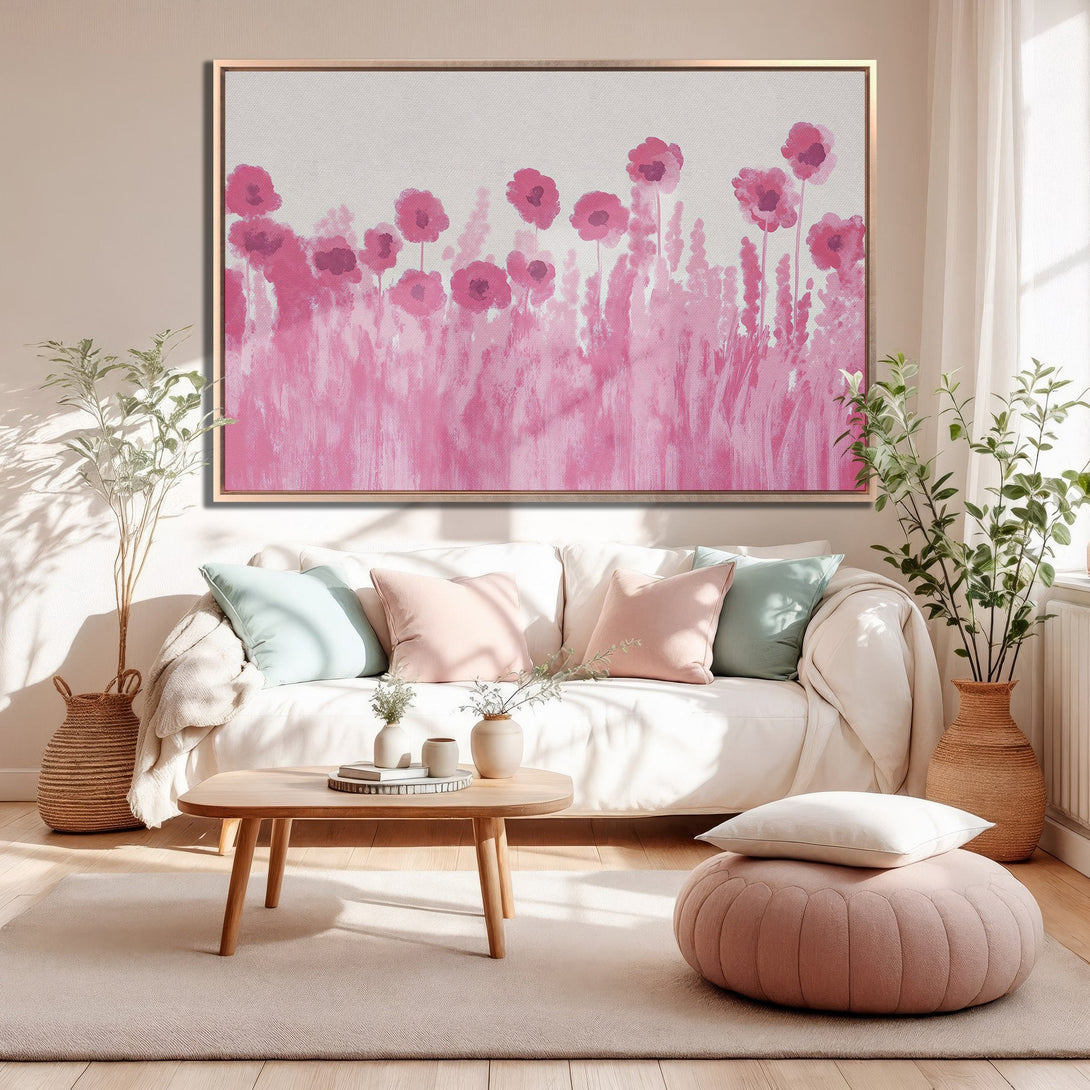 Framed Wall Art: Pink floral canvas print in a modern living room. Featuring a soft pink color palette, this art adds a touch of elegance to any space.