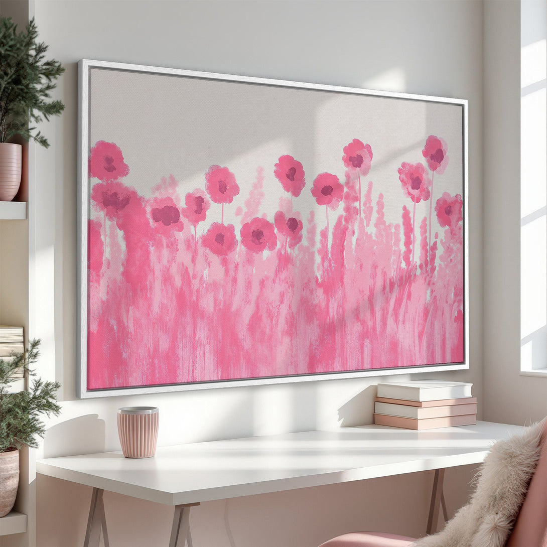 Framed Wall Art featuring a pink floral abstract painting. Modern style, soft pink and neutral color palette. Perfect for adding a touch of elegance to your space.