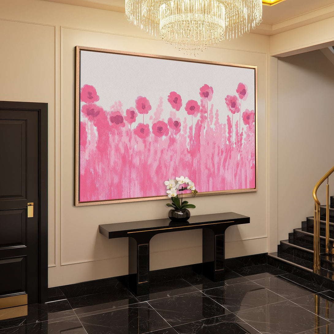 Framed Wall Art featuring pink floral abstract art. Modern canvas print adds a pop of color to any interior. Elegant, stylish wall decor.