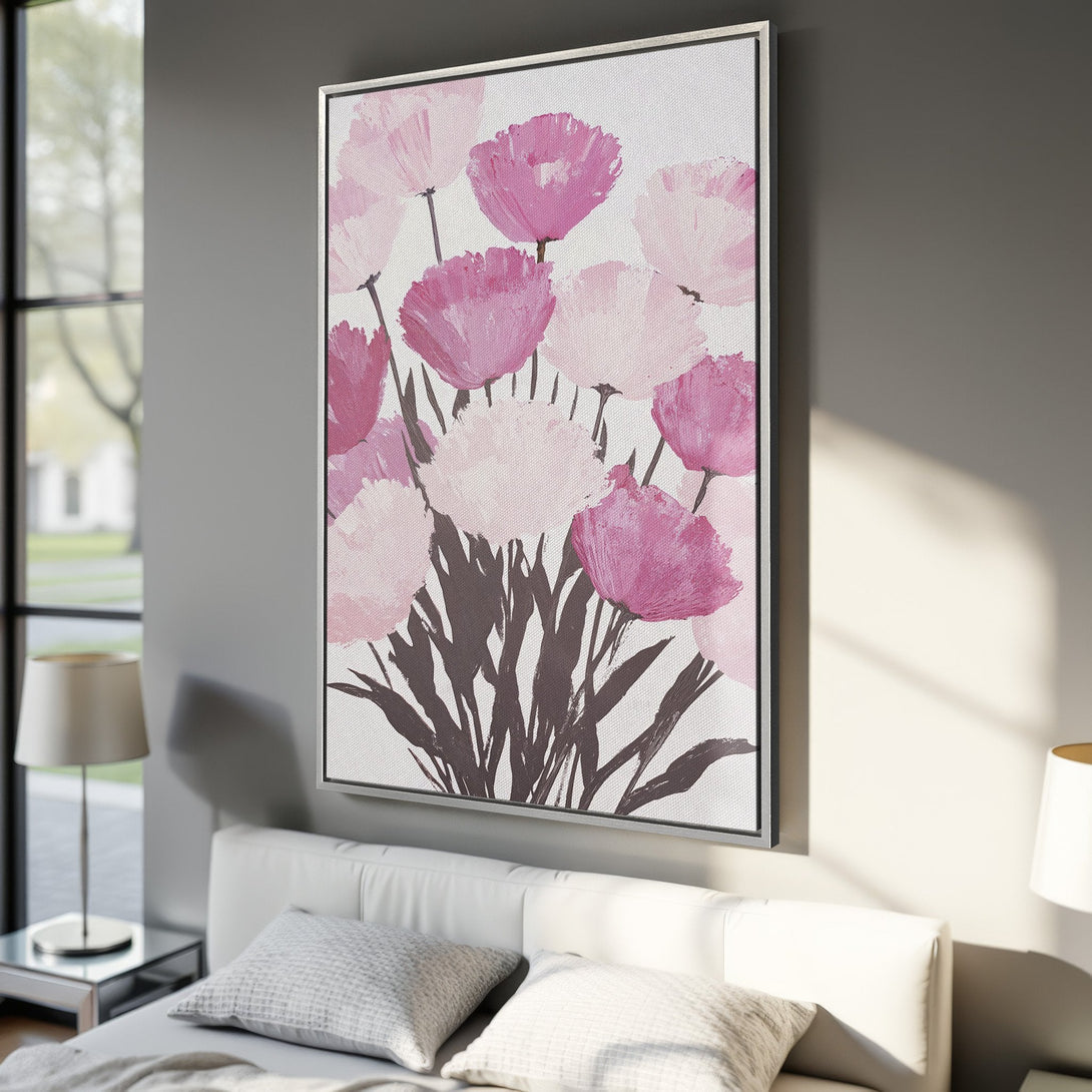 Framed Wall Art of pink floral painting. Modern style with a soft pink and white color palette, perfect for bedroom decor. Shop now!