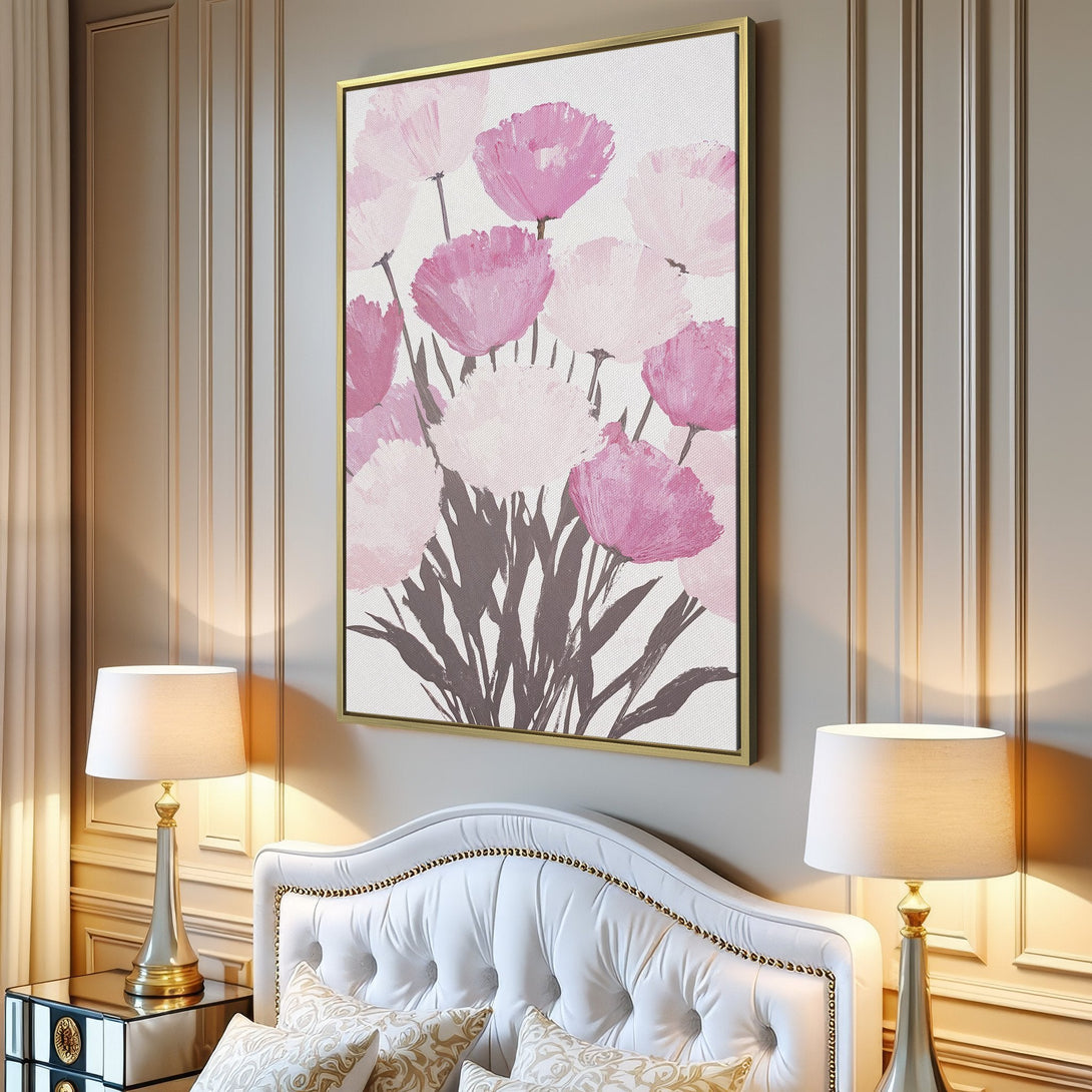 Canvas Print of pink and white floral art in a modern interior. Soft, pastel color palette adds a touch of elegance to any space.