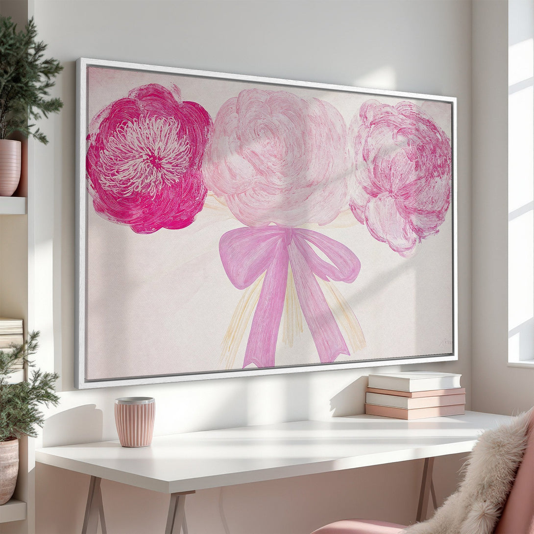 Framed Wall Art featuring a vibrant pink floral bouquet. Modern, abstract style with a soft pink and white color palette, perfect for adding a touch of elegance.