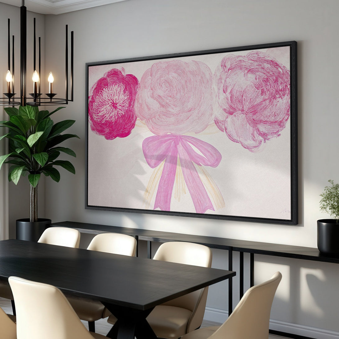 Framed Wall Art featuring abstract floral art in pink hues. Modern, stylish canvas print adds a pop of color to any dining room. Shop now!