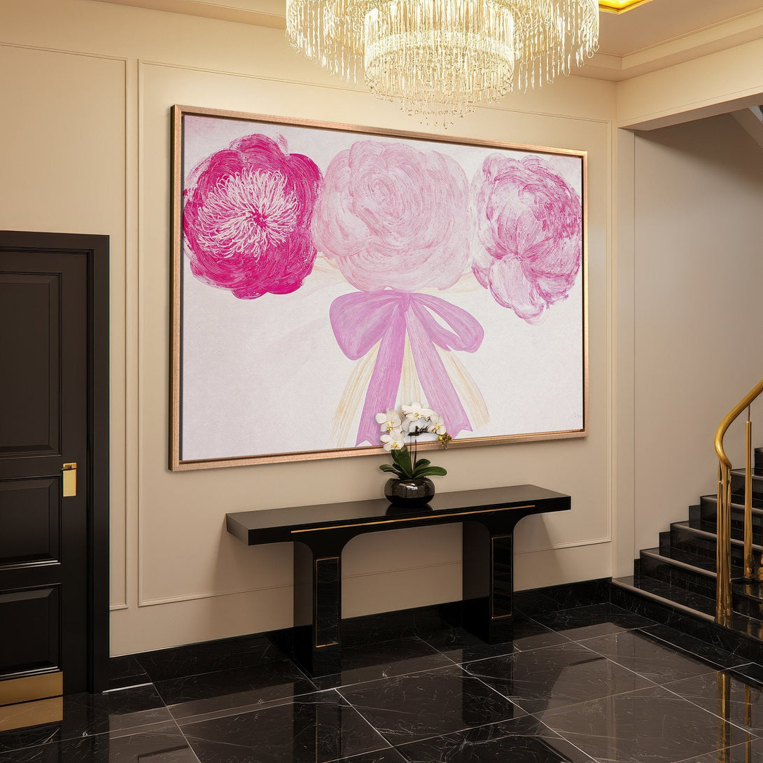 Framed Wall Art featuring abstract floral art in pink hues. Modern canvas print adds a pop of color to any interior.