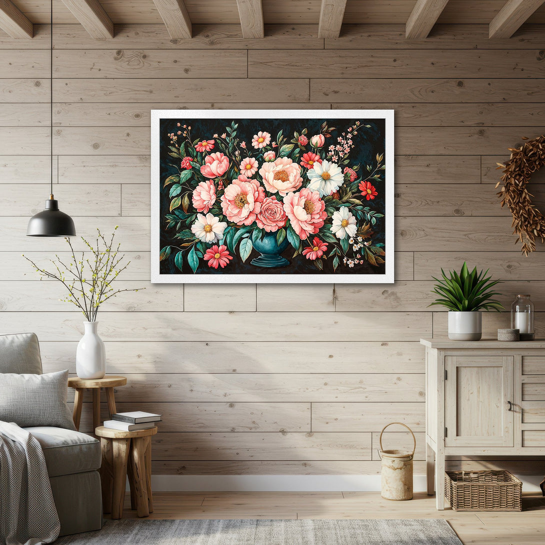 Framed Poster of floral bouquet in a vase. Romantic style, featuring pink, white, and red flowers on a dark background. Perfect home decor!