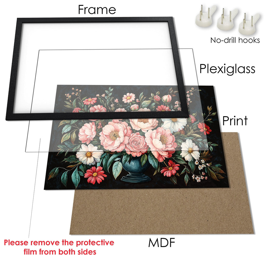 Framed Poster featuring a floral print in a dark, moody style with a pink and red color palette. Perfect wall art!