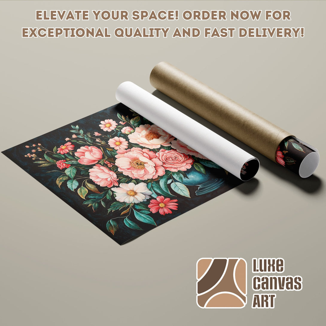 Floral Poster Roll, watercolor style, pink & green on dark background. Elevate your space!