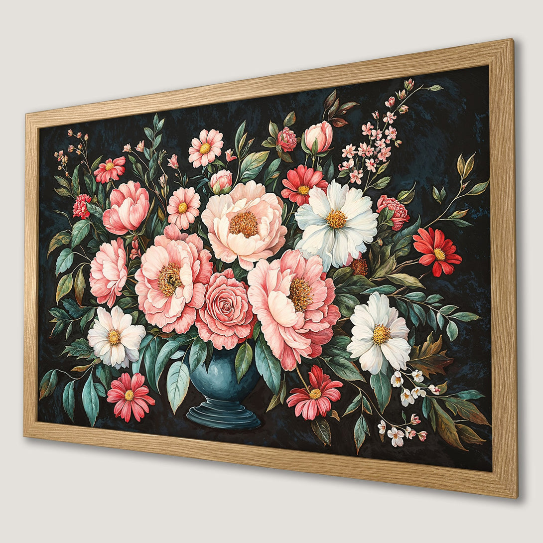 Framed Poster featuring a floral bouquet in a vintage style, with a dark background and a pink and red color palette.