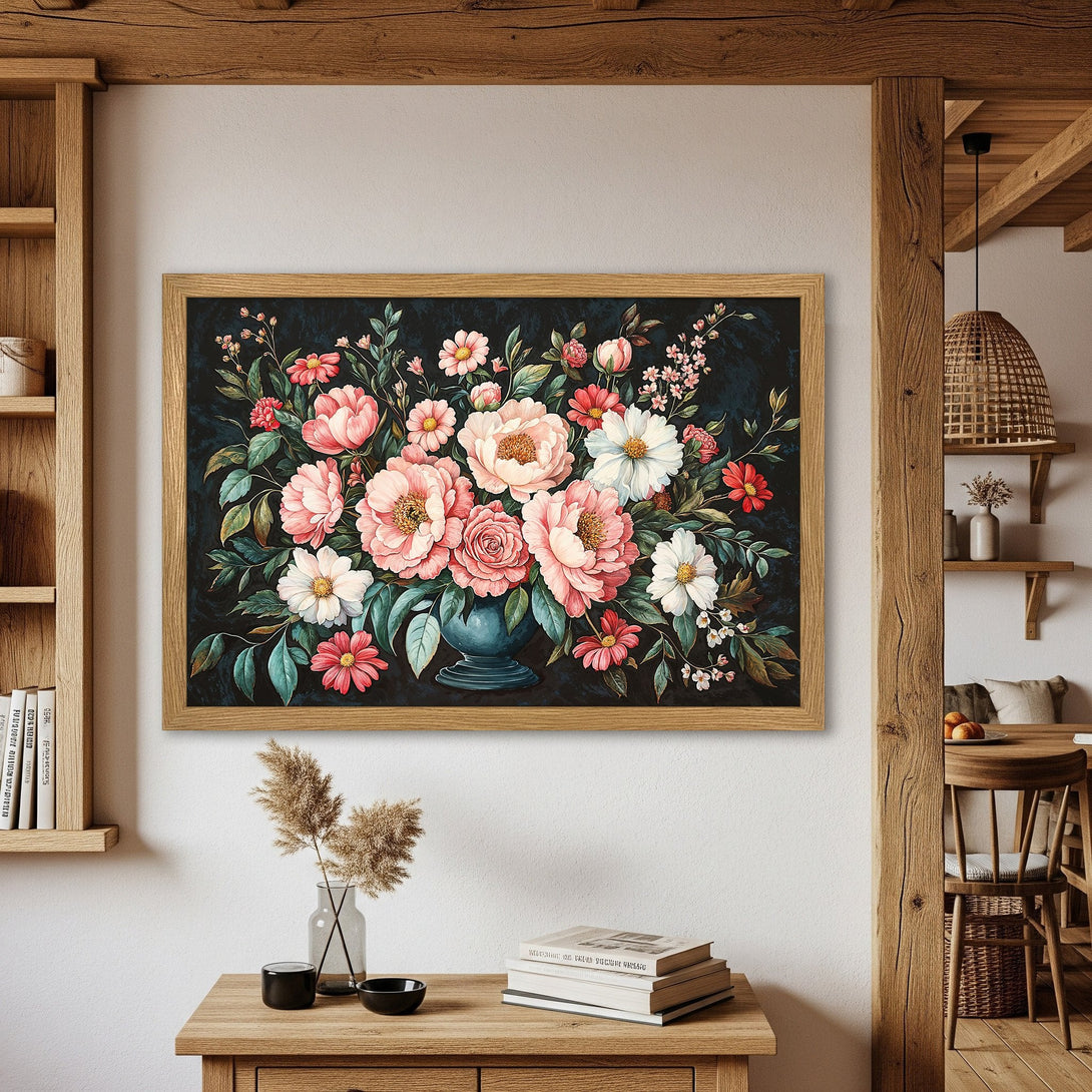 Framed Poster featuring a floral bouquet in a vintage style. Pink, white, and red flowers on a dark background. Perfect wall art!