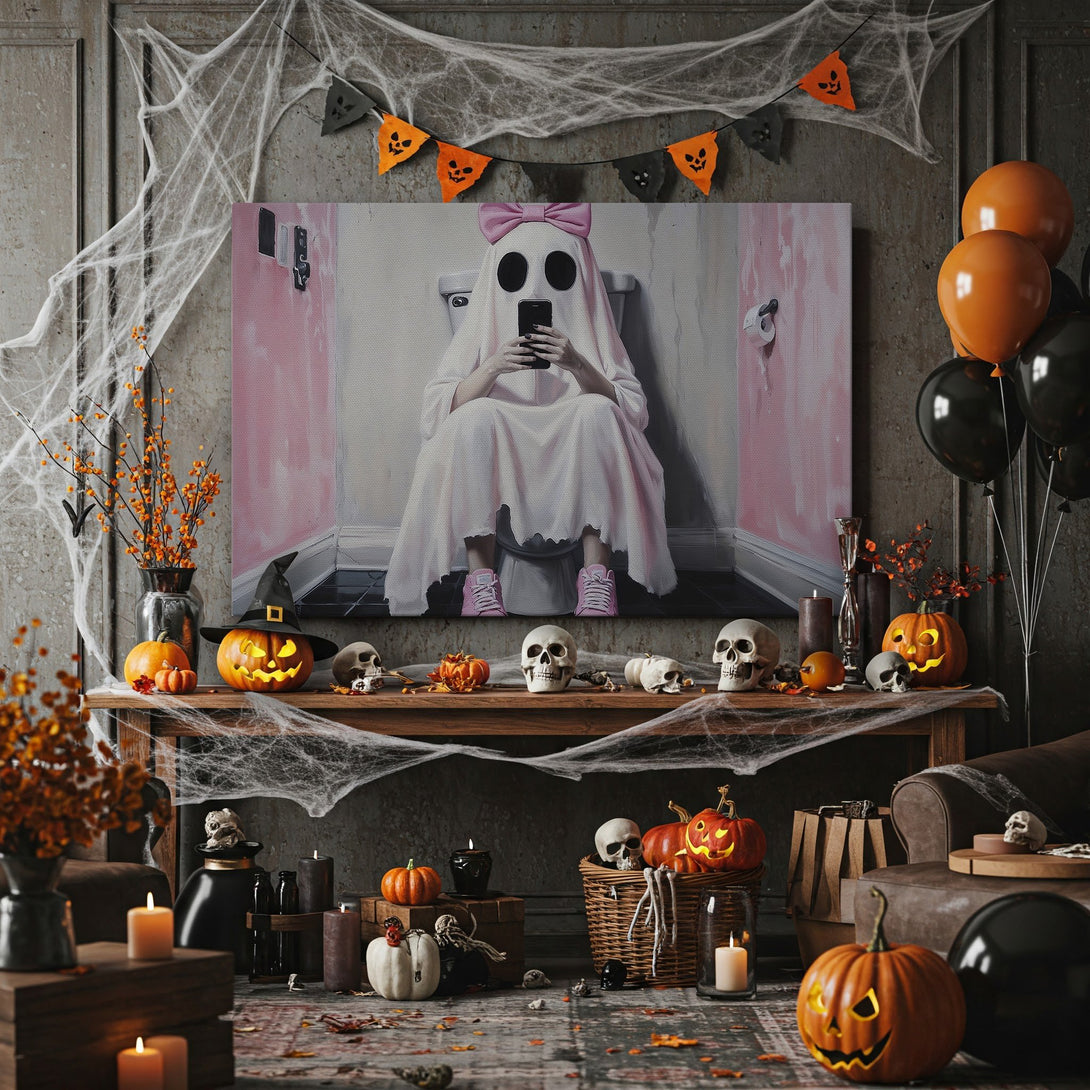 Framed Wall Art: Spooky ghost on the toilet. Halloween-themed art with a pink and white color palette. Perfect for adding a touch of fun to your decor.