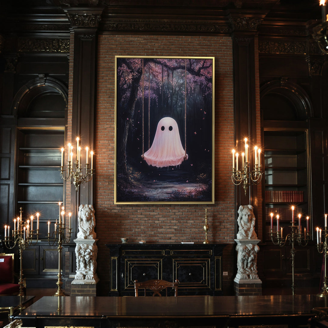 Canvas Print of a whimsical ghost on a swing in a forest, with a dreamy, pink and dark palette. Perfect Halloween decor!