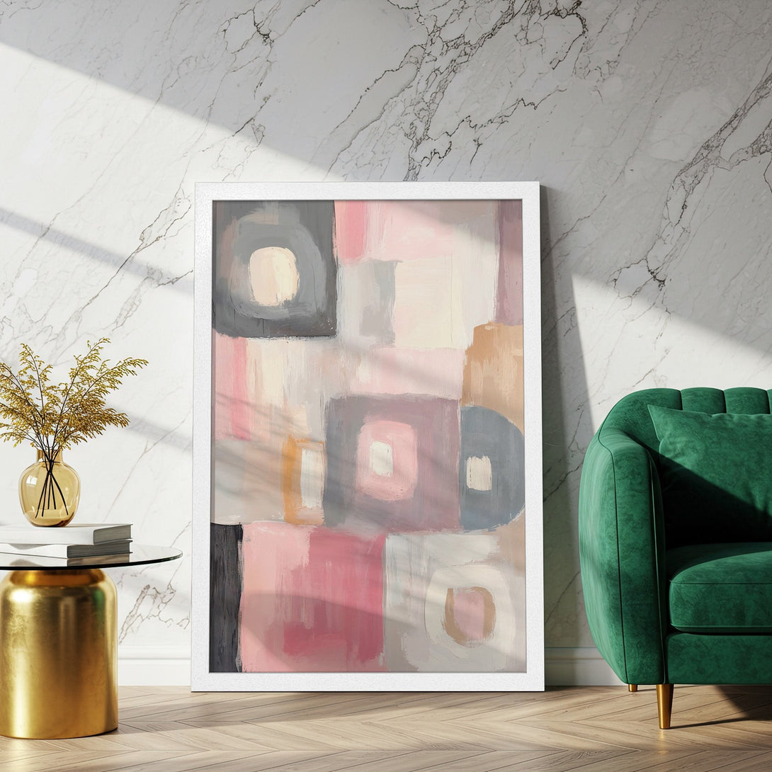 Framed Poster featuring abstract art in pink, gray, and beige. Modern style, perfect for home decor. Add a touch of elegance!