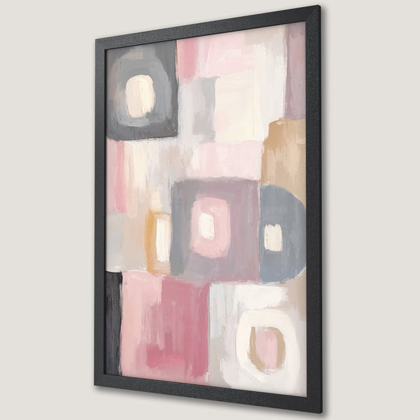 Framed Poster featuring abstract art in a soft, pastel color palette of pinks, grays, and beige. Modern art print for home decor.