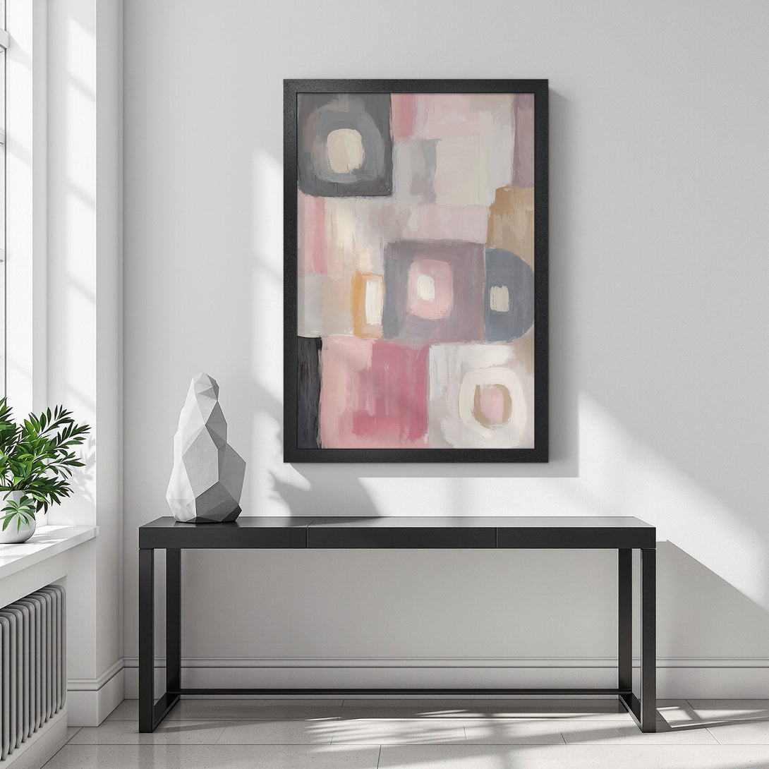 Framed Poster featuring abstract art in blush, gray, and neutral tones. Modern art poster for your home decor.
